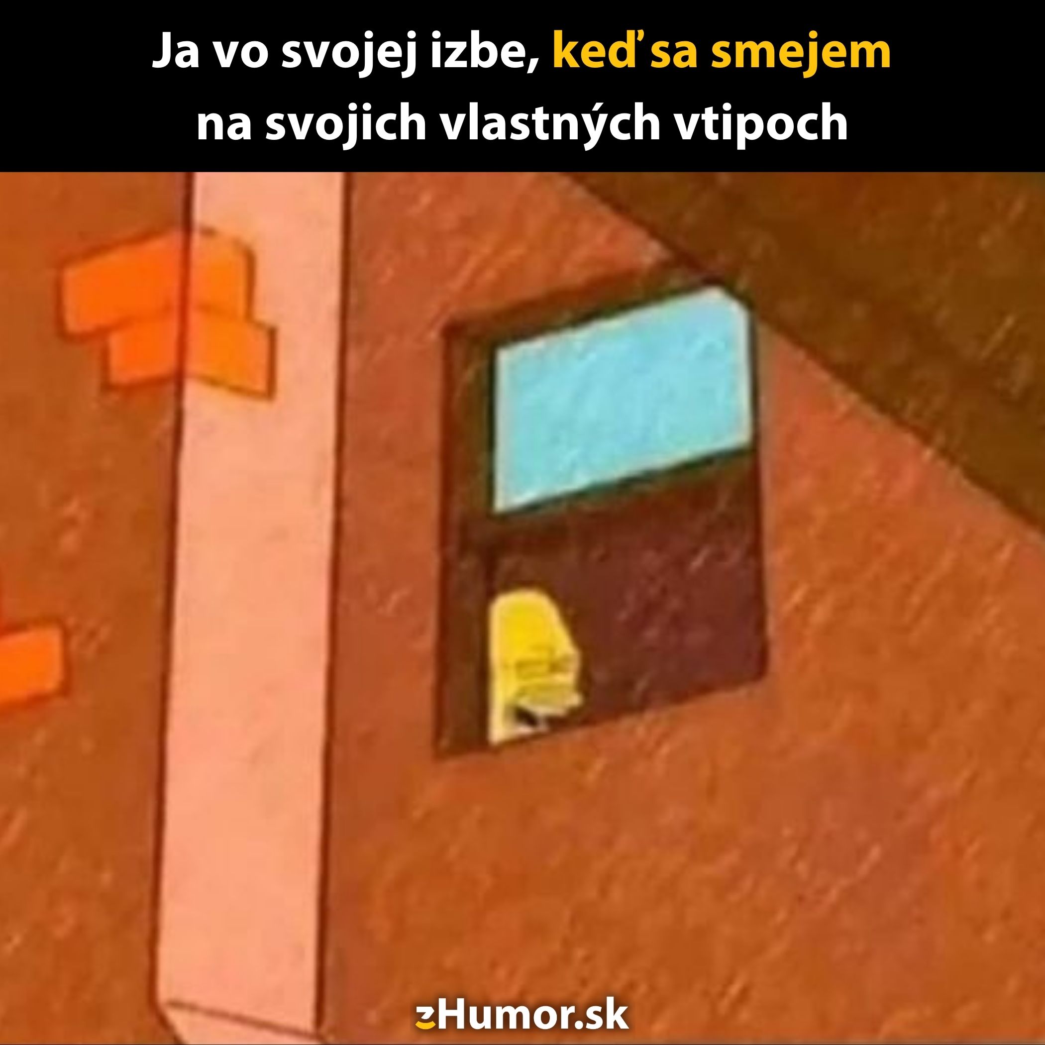Postavička sa pozerá z okna, príspevok o smiechu na vlastných vtipoch.