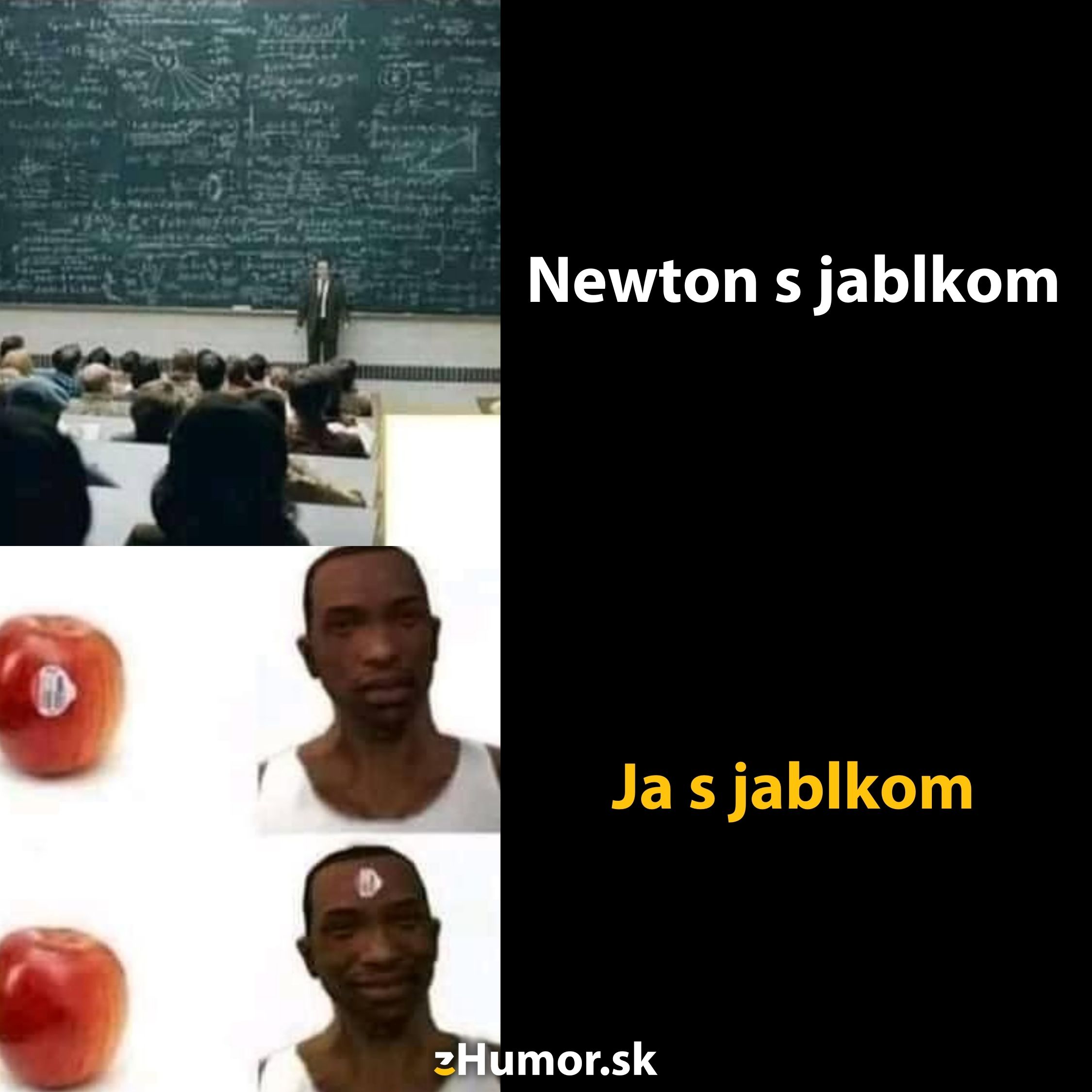 Newton a jablko na tabuli, vtipná porovnávacia fotka s ja s jablkom na čele, humoristický kontrast.