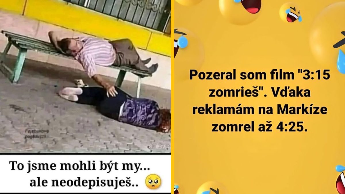 Meme: Muž leží na lavičke, žena na zemi. Text: To sme mohli byť my, ale neodpisuješ. Vedľa vtip o reklamách a filme.