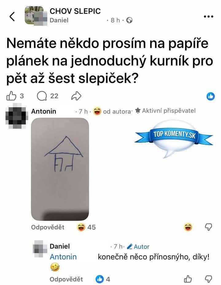 Kresba jednoduchého plánu kurína s vtipným komentárom na sociálnej sieti.