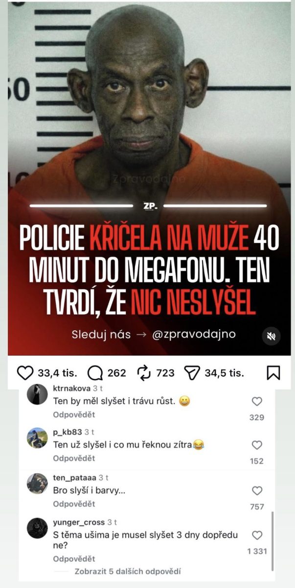 Starší muž pred meracou stenou, vtipný text o tom, že polícia kričala do megafónu a on nič nepočul.