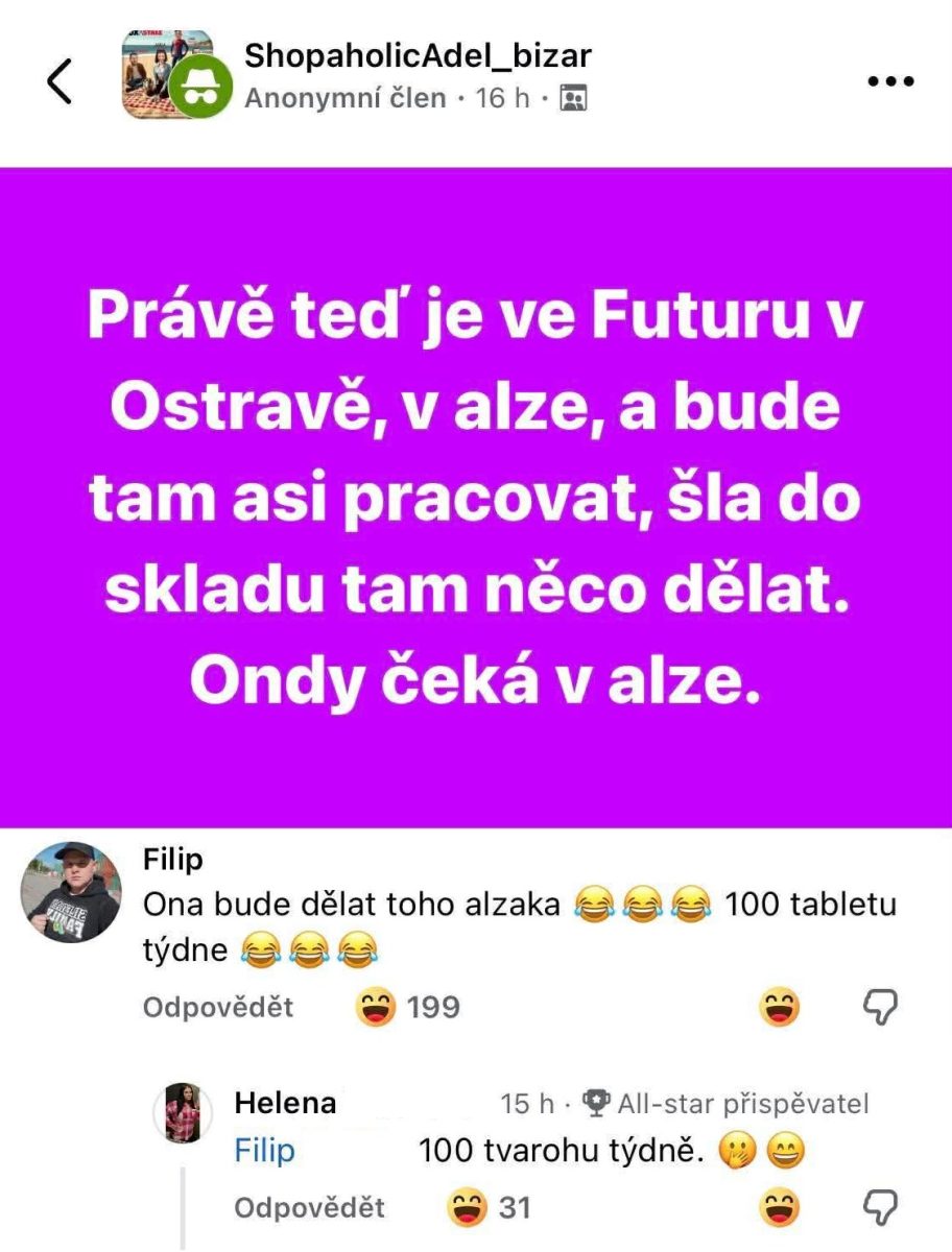 Osoba diskutuje o práci v Alze v Ostrave s humorom na sociálnej sieti; komentáre vtipne dopĺňajú situáciu.