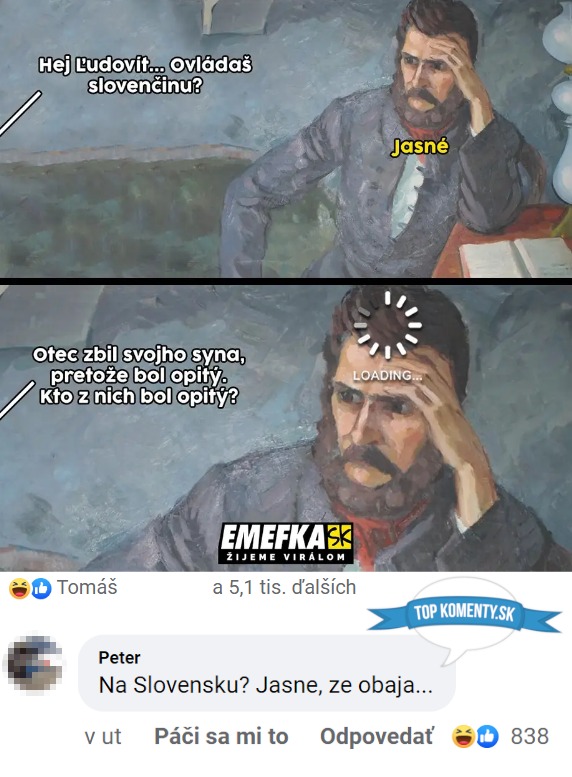 Obrázok zachytáva zamysleného muža nad gramatickou otázkou o opitosti otca a syna.