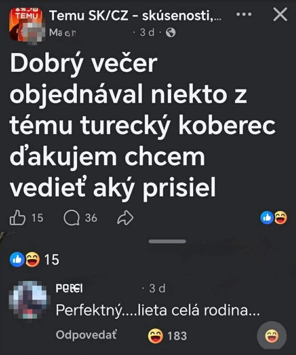 Diskusia na sociálnej sieti o objednávke tureckého koberca, používateľ žartuje o lietajúcom koberci.