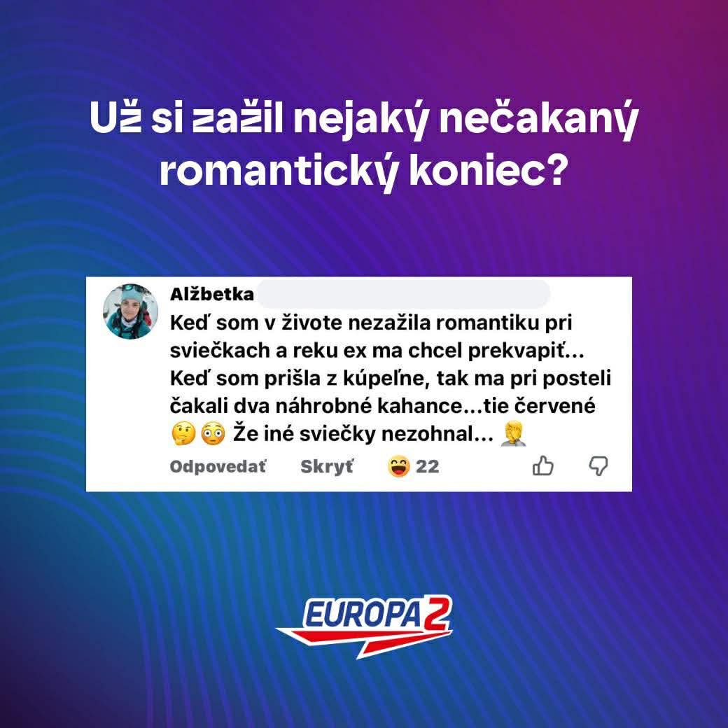 Text v slovenskom jazyku na modrom a fialovom pozadí s vtipným komentárom o romantike.