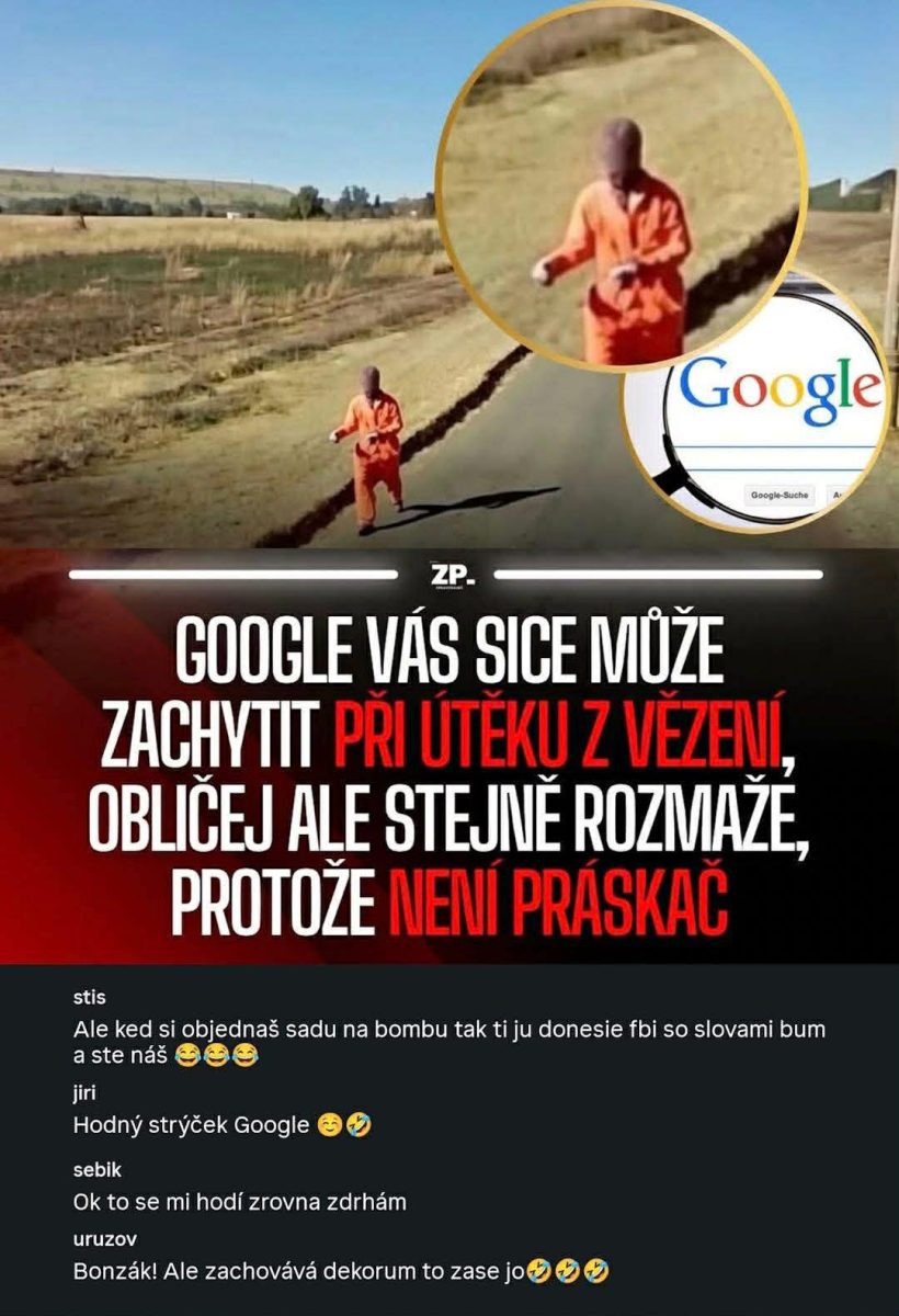 Muž v oranžovom obleku beží po ceste, obrázok zdôrazňuje rozmazávanie tvárí v mapových službách Google.