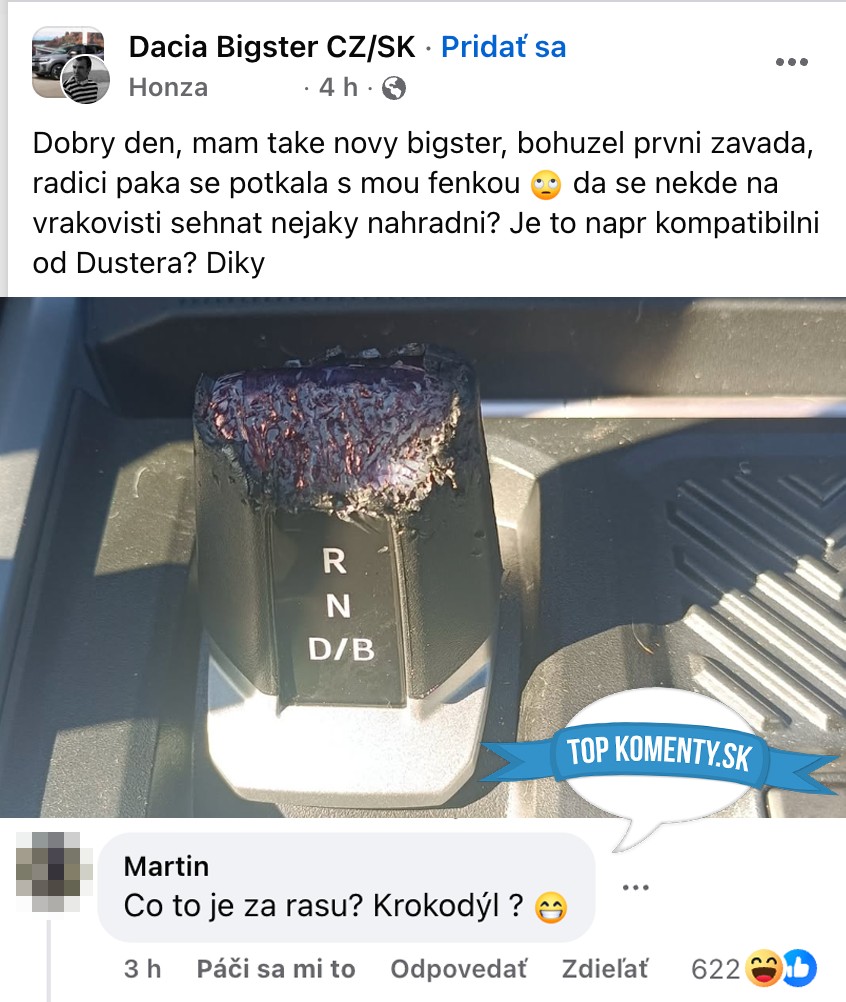 Použitá radiaca páka v aute, poškodená psom, otázka kompatibility s Daciou Duster.