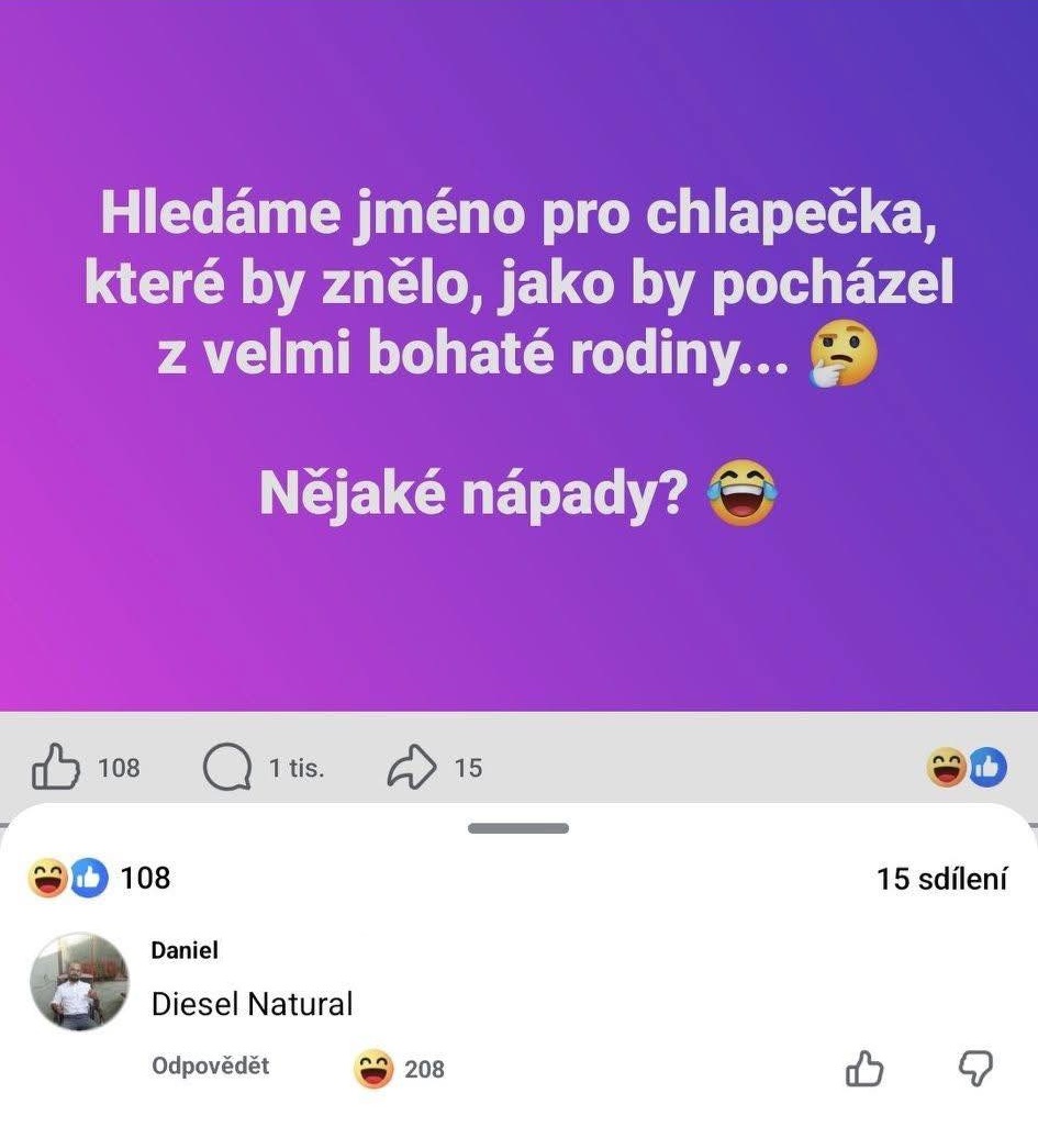 Hľadanie mena pre chlapca z bohatej rodiny, návrh Diesel Natural, vtipné reakcie na sociálnych sieťach.