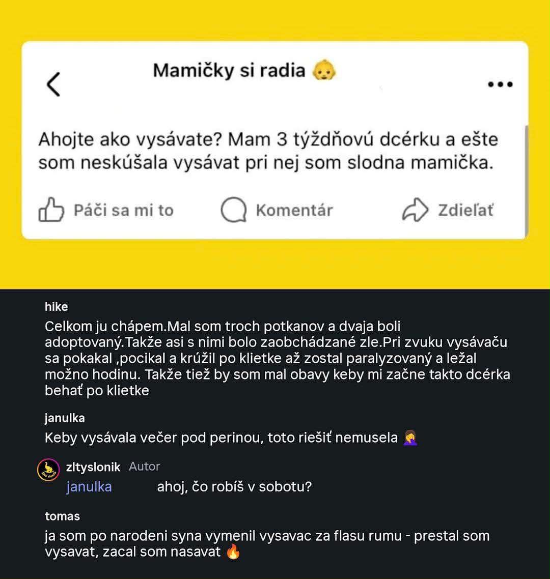 Mamička sa pýta, ako vysávať pri bábätku bez hluku. Rôzne reakcie ľudí vrátane vtipných komentárov.