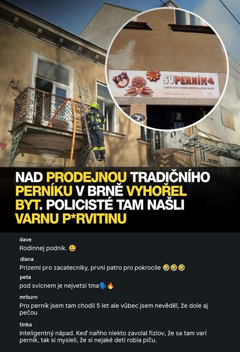 Požiar bytu nad pernikárňou v Brne odhalil varňu drog, zásah hasičov na mieste.
