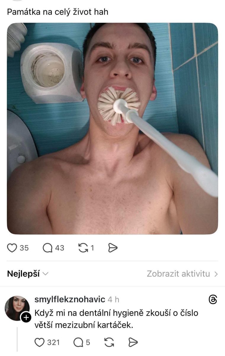 Osoba s toaletnou kefou v ústach vedľa toalety, humoristická situácia.