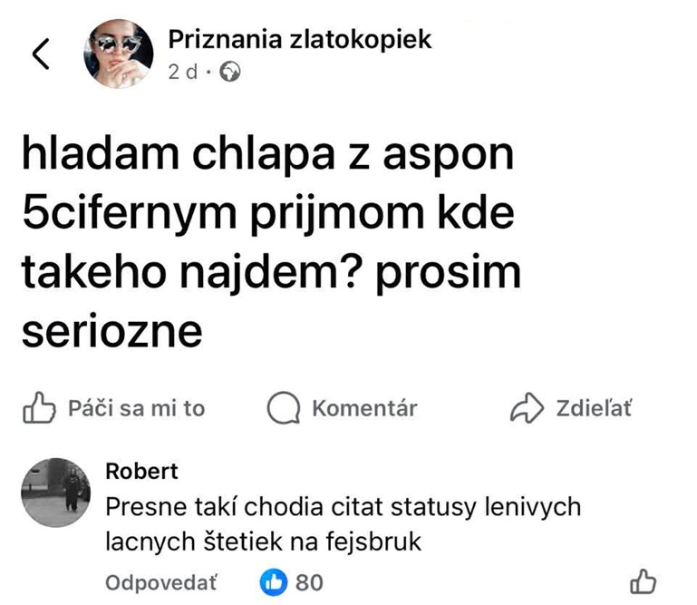 Status hľadá chlapa s vysokým príjmom, reakcia kritizuje postoj.