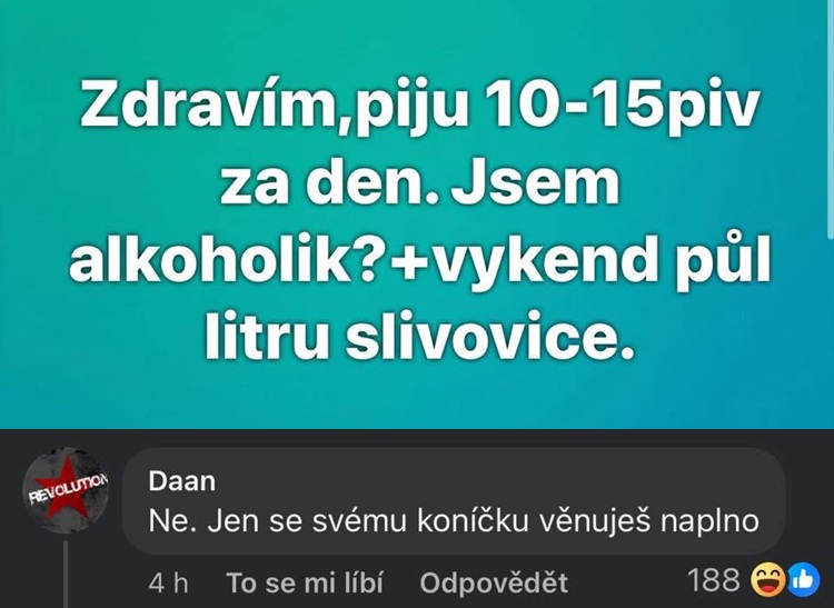 Osoba sa pýta, či je alkoholik kvôli konzumácii piva a slivovice; zábavná odpoveď: Len sa tomu venuješ naplno.