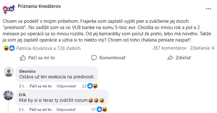 Muž sa sťažuje na zaplatenie skrášľovacích operácií ex-priateľky, ktorá ho opustila pre iného.
