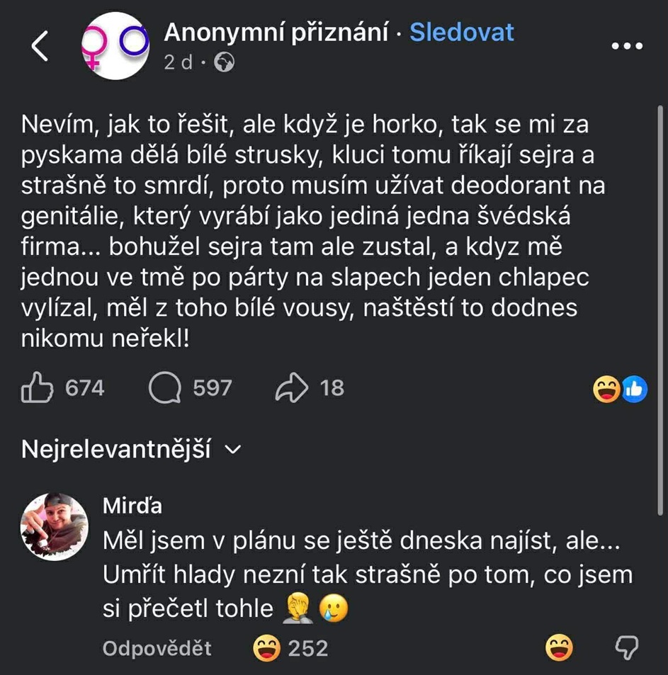 Text v anonymnej facebookovej skupine o trapase s deodorantom a komentár o strate chuti do jedla.