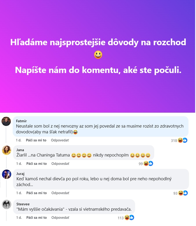 Diskusia o najabsurdnejších dôvodoch na rozchod s vtipnými komentármi užívateľov.
