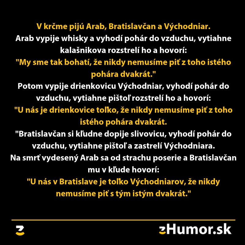 Vtipný text o Arabe, Bratislavčanovi a Východniarovi v krčme, humorné rozuzlenie ich dialógov.