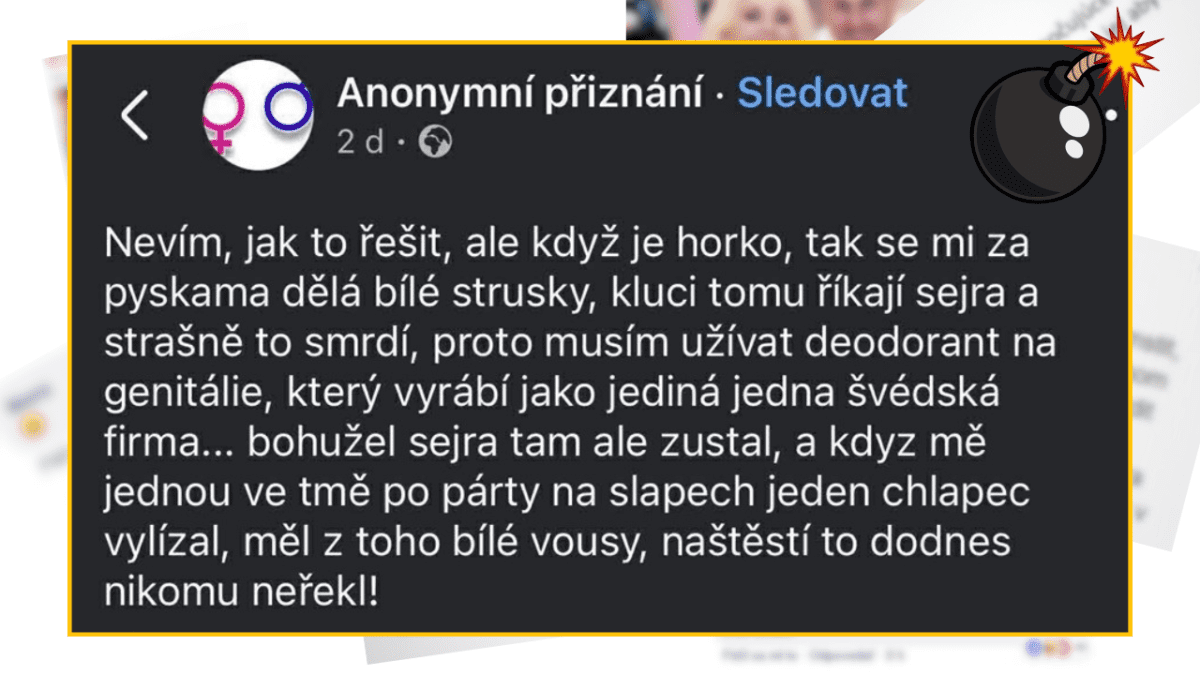 Text na sociálnej sieti o probléme s nepríjemným zápachom a použití špeciálneho deodorantu na genitálie.