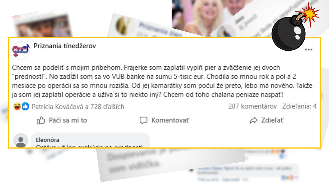 Príspevok na sociálnej sieti o osobnej skúsenosti so vzťahom a finančnou stratou po plastických operáciách.