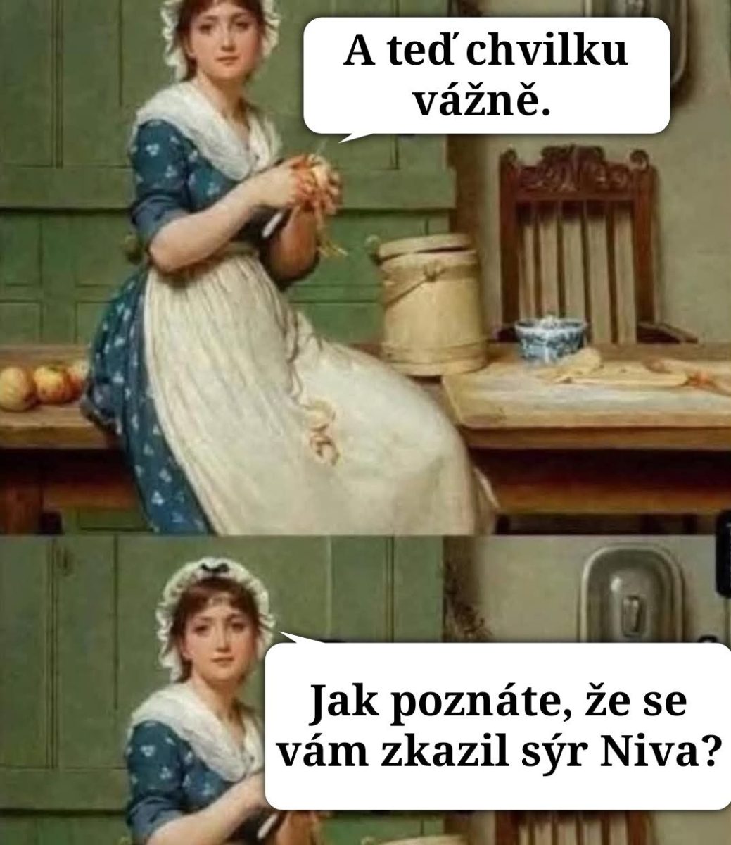 Žena v dobovom odeve sa pýta, ako zistiť, či sa pokazil syr Niva, vtipný dialóg zo starého obrazu.