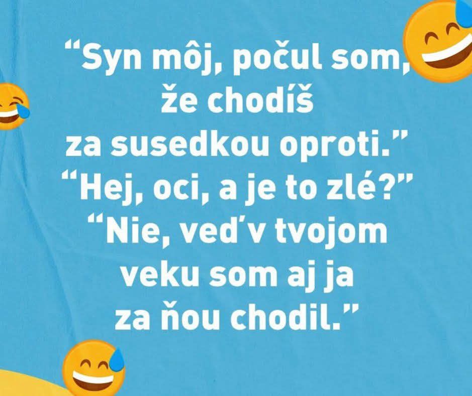 Otec a syn vtip o chodení so susedkou, na modrom pozadí s emoji smajlíkmi so slzami smiechu.
