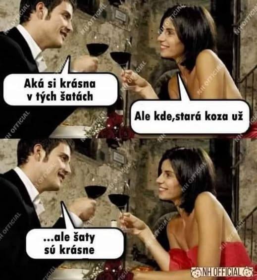 Pár na romantickej večeri s vtipným komentárom o kráse a oblečení.