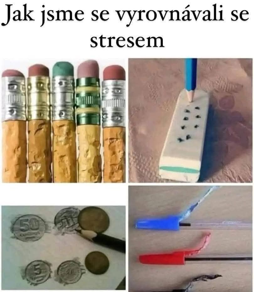 Ceruzky, gumy a perá sú výbornými antistresovými pomôckami pre študentov počas školských dní.