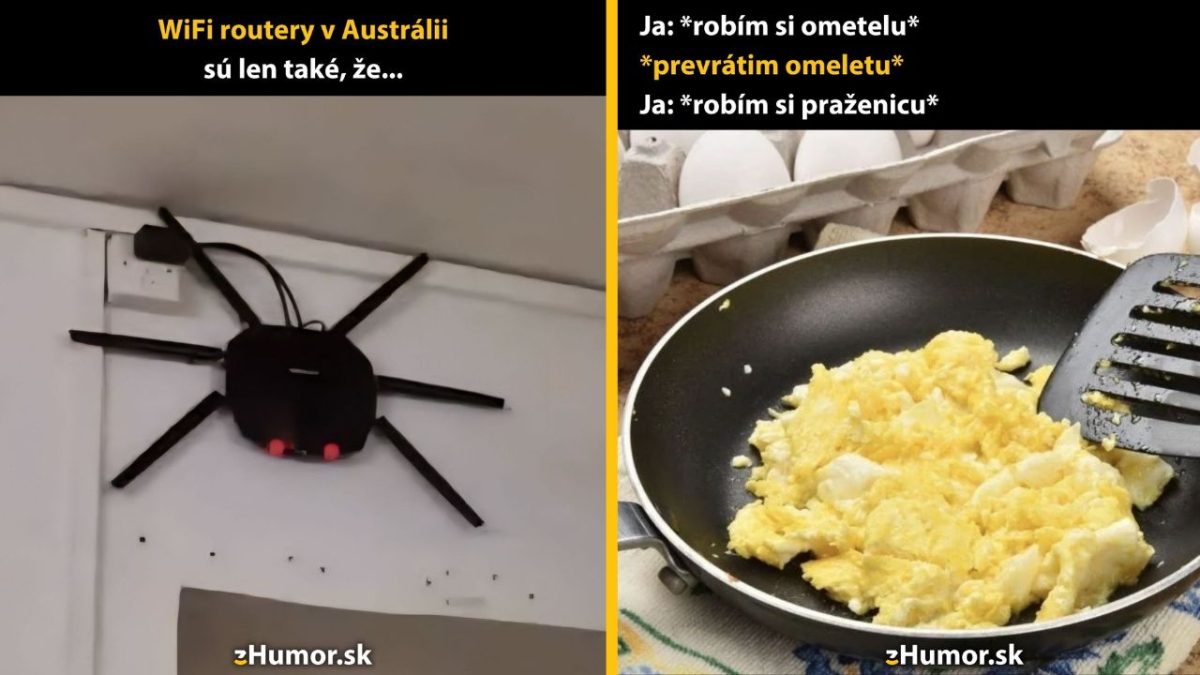 WiFi router pripomínajúci pavúka a rozbitá omeleta na panvici, ktorá sa zmenila na praženicu.