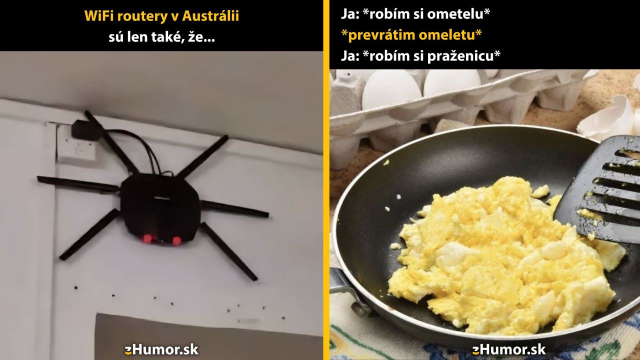 WiFi router pripomínajúci pavúka a rozbitá omeleta na panvici, ktorá sa zmenila na praženicu.
