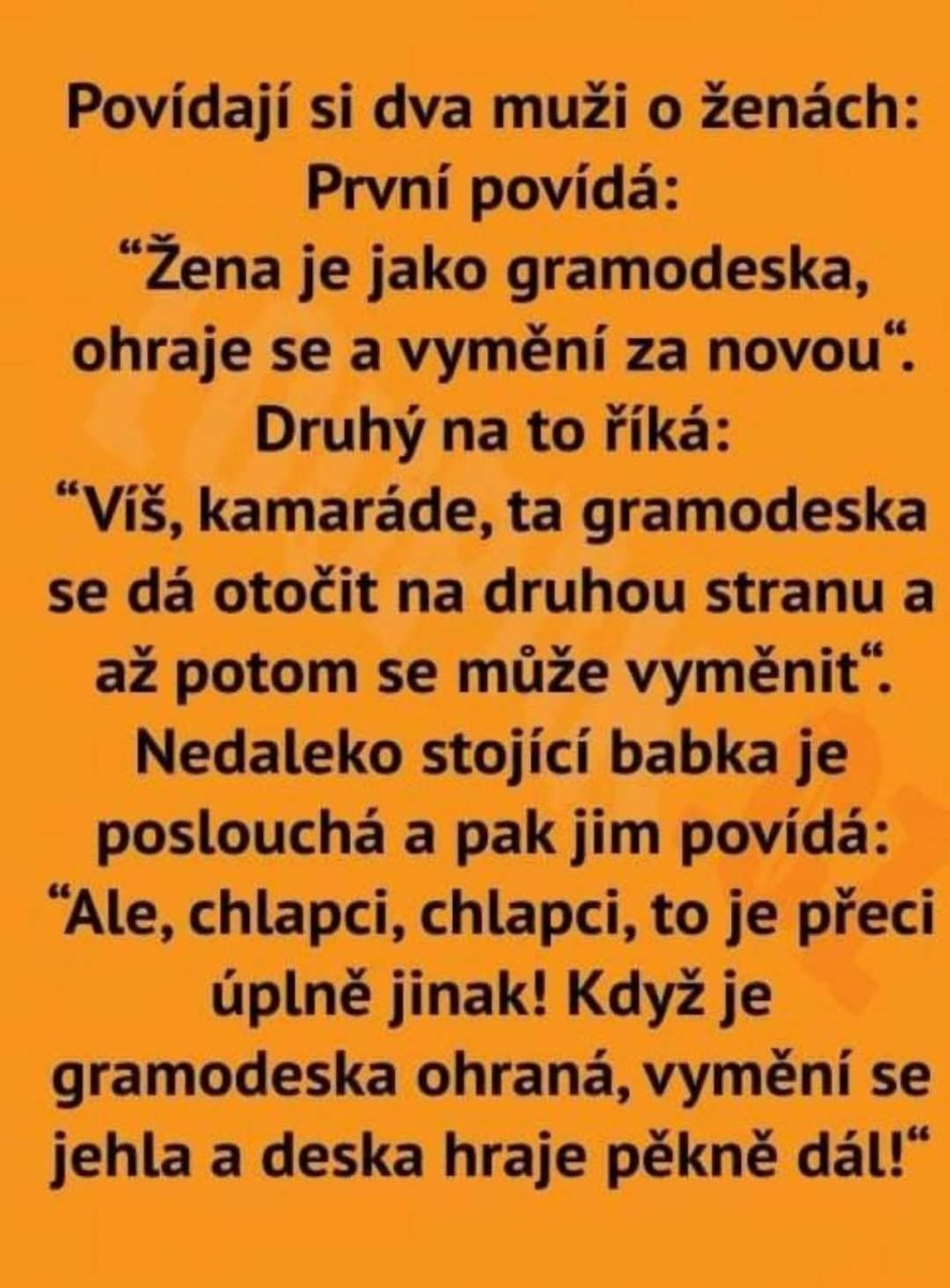 Vtipný text o vinyle a ženách, kde muži diskutujú o výmene a použití gramofónovej dosky.