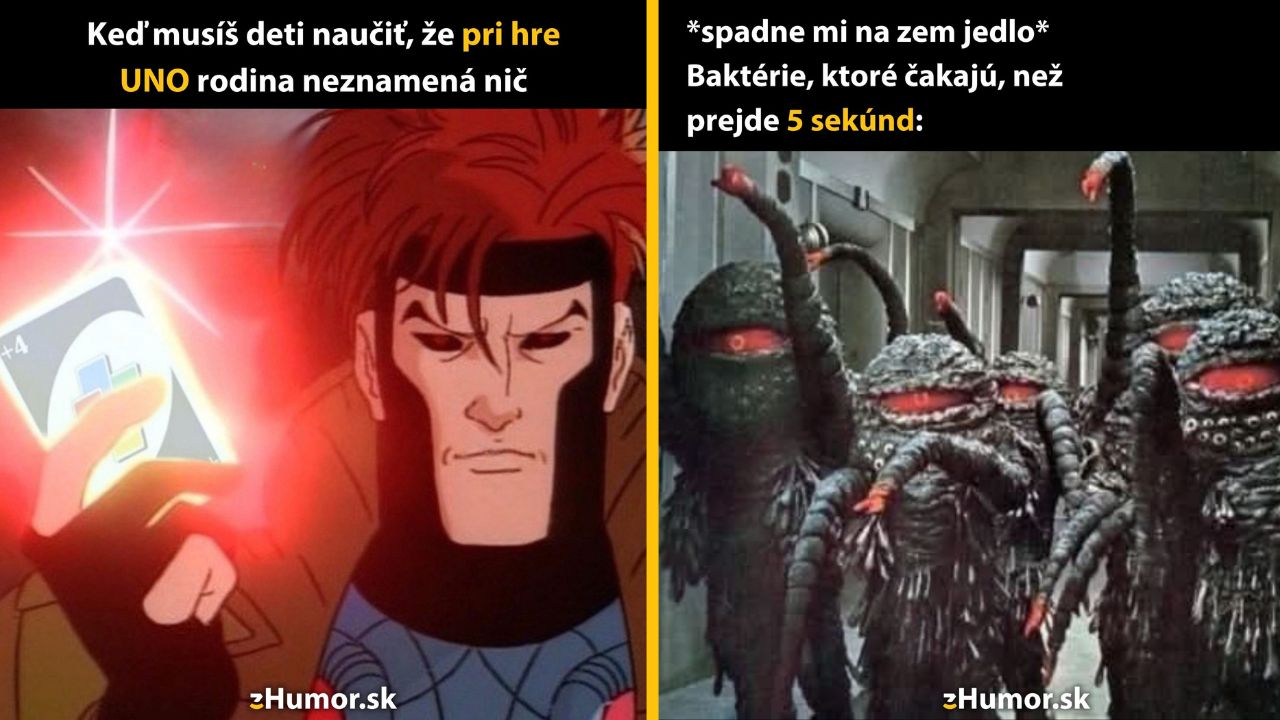 Meme s postavou držiacou kartu zo hry UNO a obraz baktérií čakajúcich 5 sekúnd na pád jedla.