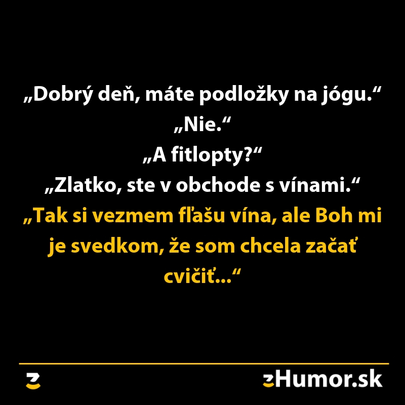 Vtipný text o žene, ktorá si omylom pletie obchod s vínom so športovým obchodom.