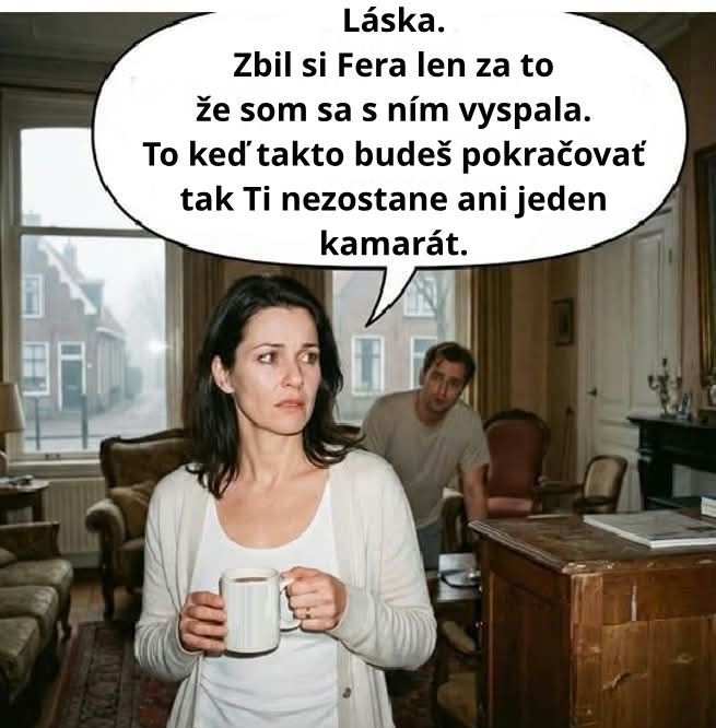 Žena so znepokojeným výrazom hovorí muži v obývačke; medzi nimi napätá konverzácia o priateľstve.