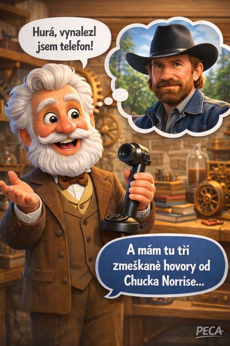 Kreslený vedec drží starý telefón a myslí na postavu v klobúku so správou o zmeškaných hovoroch.