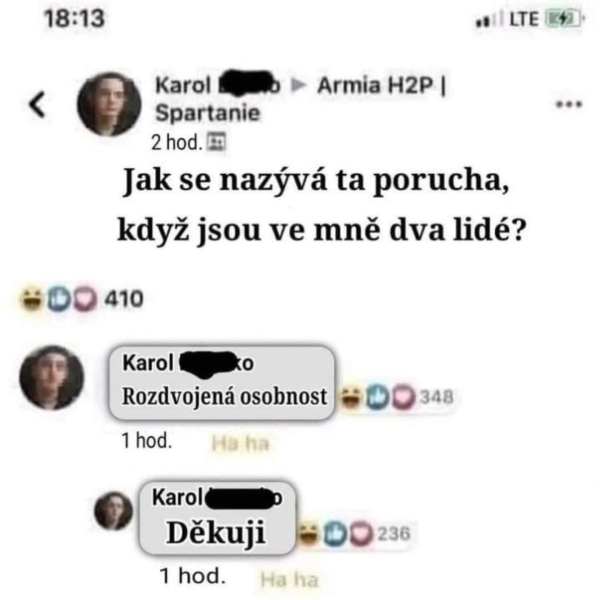 Online konverzácia na tému rozdelenej osobnosti s vtipnými komentármi.