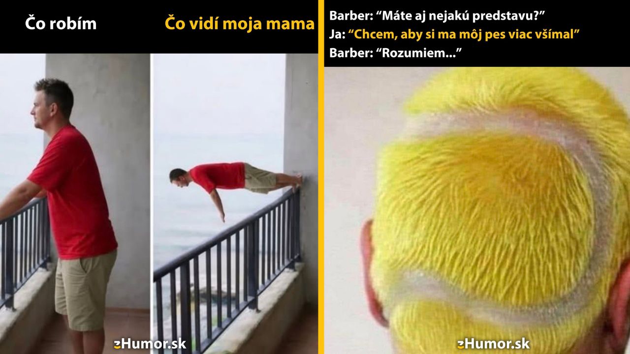 Muž v červenom tričku napodobňuje polohu na terase, vlasový výtvor pripomínajúci tenisovú loptu, vtipný textový popis.