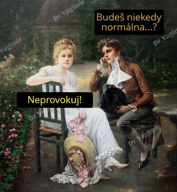 Obrázok dvoch historicky odetých postáv v záhrade s humorným textom v bublinách.