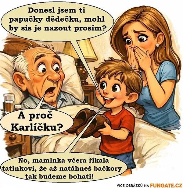 Chlapec ponúka dedkovi papuče, rodina sa zábavne zamýšľa nad frázou o bohatstve po dedkovom odchode.