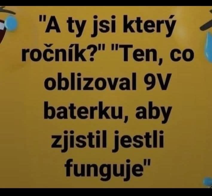 Vtipný text o testovaní 9V batérie oblizovaním pre zistenie funkčnosti.