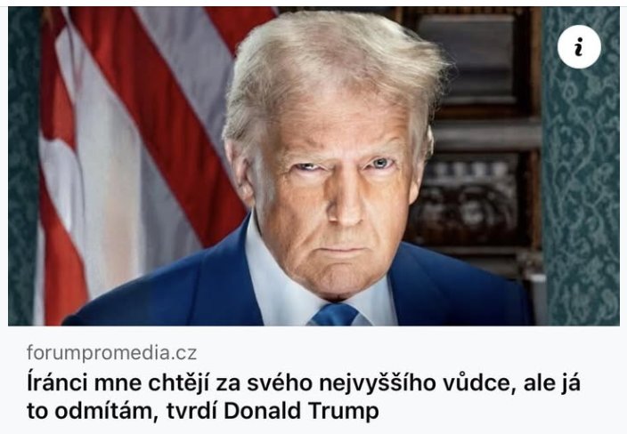 Loď nevznášejíce se vznáší, Donald Trump vedľa vlajka a titulok o iránskom vedení.