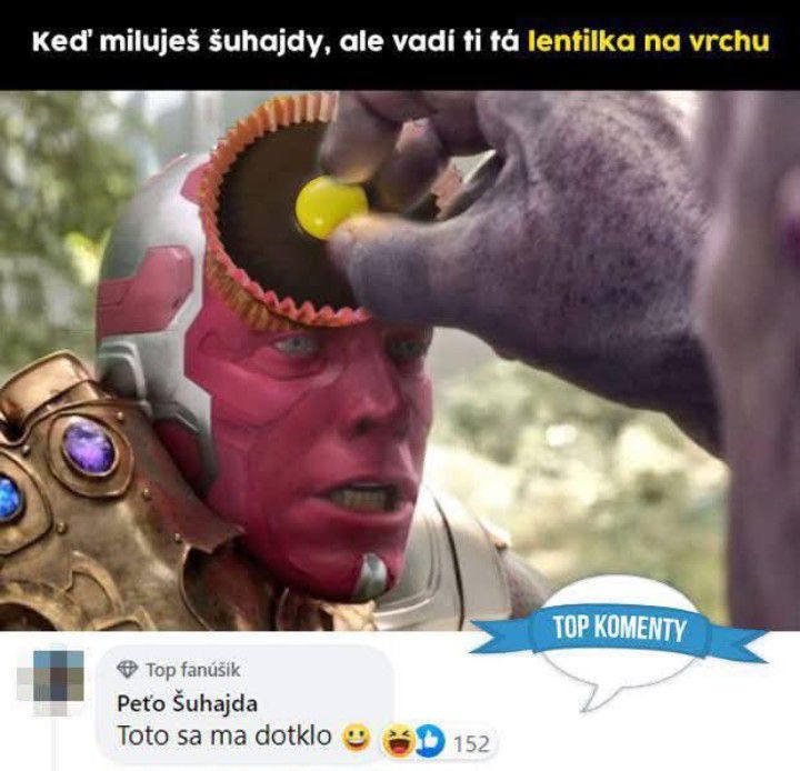 Šuhajda meme: purpurová bytosť s rukavicou odstraňuje žltohnedý detail z čela v komickej situácii.