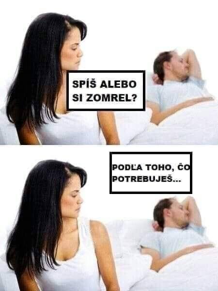 Žena sa pýta muža v posteli, či spí alebo zomrel. Odpovedá podľa toho, čo potrebuje. Vtipný dialóg v spálni.