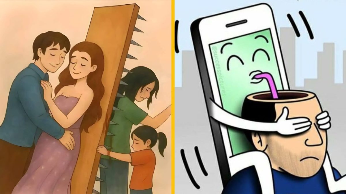 Ilustrácia kontrastu lásky a osamelosti, technológia ovláda myseľ človeka.
