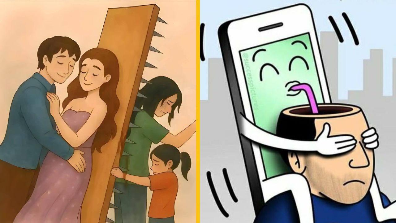 Ilustrácia kontrastu lásky a osamelosti, technológia ovláda myseľ človeka.