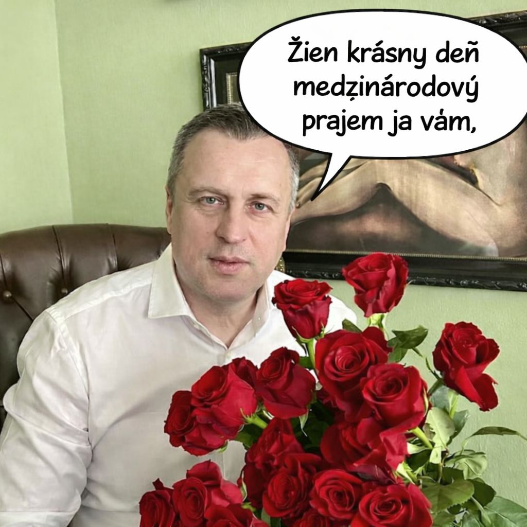Muž s červenými ružami gratuluje k Medzinárodnému dňu žien v pohodlnom kresle.