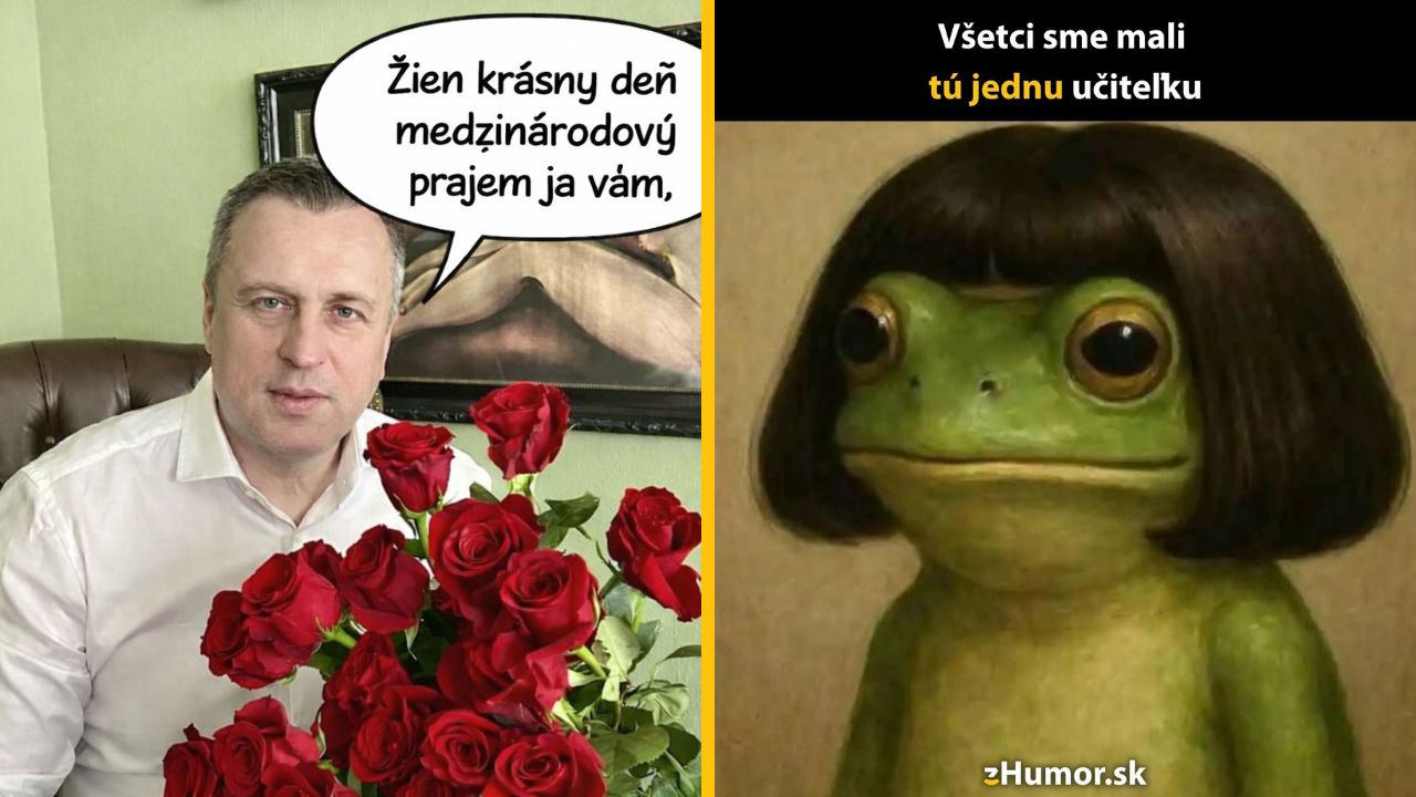 Muž s kyticou ruží praje pekný Medzinárodný deň žien, vedľa žaba s parochňou a nápis Všetci sme mali tú jednu učiteľku.