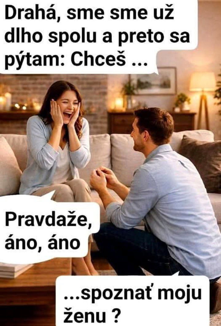Pár v obývačke s vtipným textom o prekvapení. Muž kľačí, žena sa smeje s prekvapením.