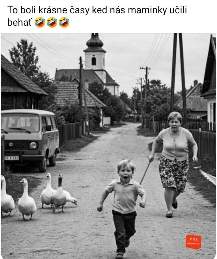 Dieťa beží pred mamou ulicou, sprevádzané husami, v dedinskom prostredí s kostolom v pozadí.