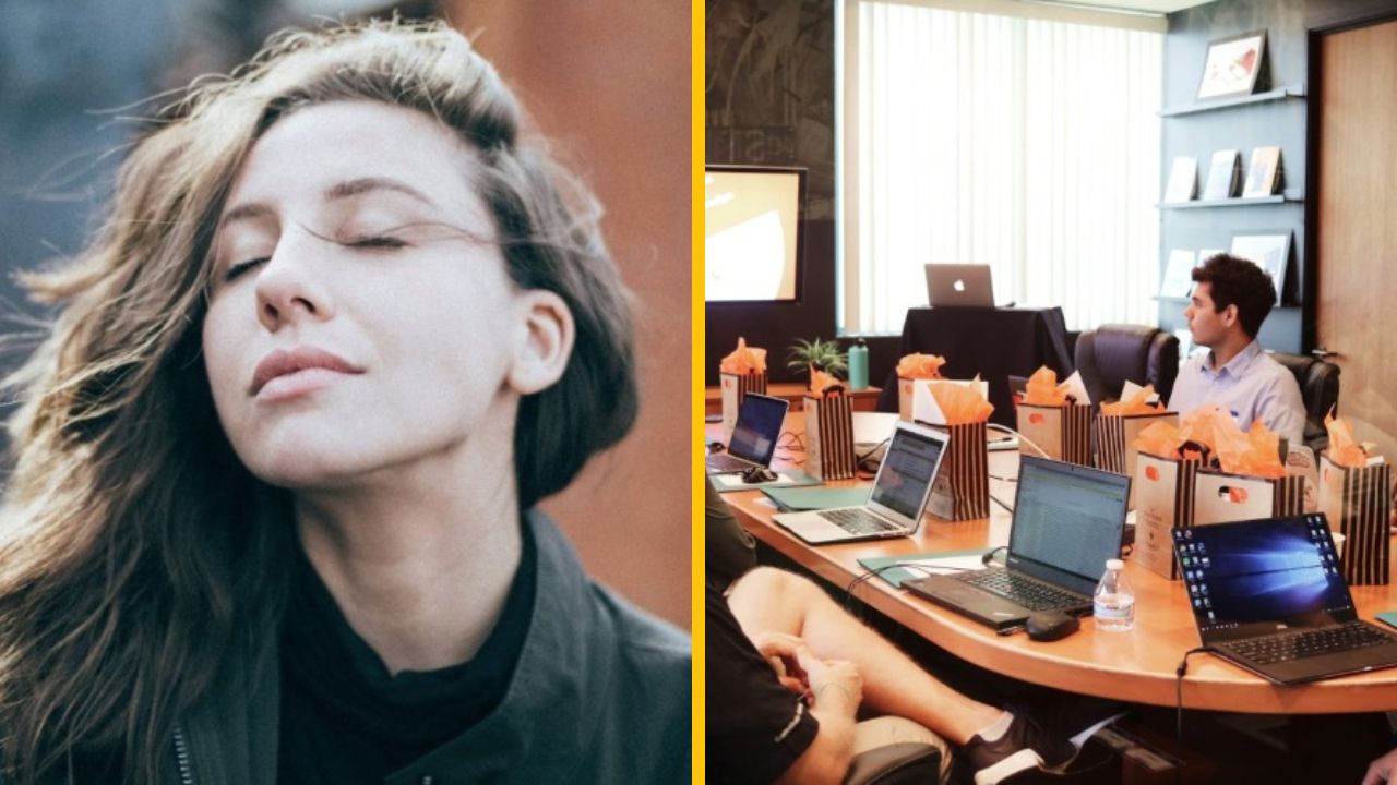 Žena si užíva chvíľku pokoja; podnikateľská porada so sústredenými účastníkmi a otvorenými notebookmi.