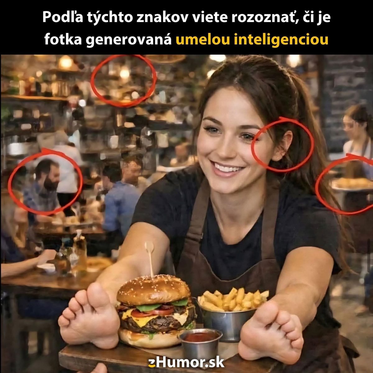 Žena v kaviarni s hamburgerom a hranolkami, znaky generovania umelou inteligenciou sú zvýraznené červenými kruhmi.